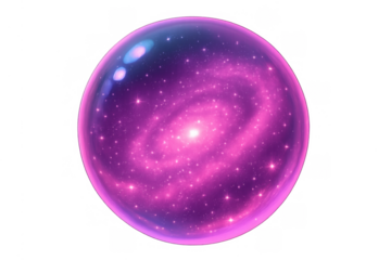 Cosmic galaxy spiral reflecting inside shiny purple glass sphere, stars and nebula shimmering, transparent background
