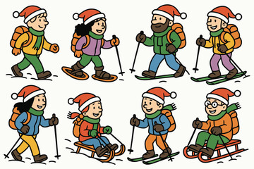 Diverse group of people enjoying winter activities wearing santa hats and backpacks