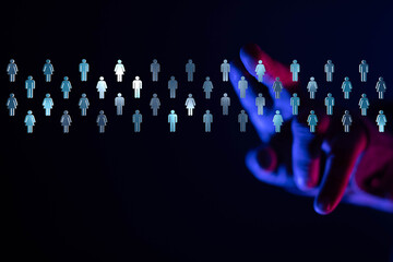Abstract concept of online connection, social network, community, and technology. Digital people symbols on dark background.