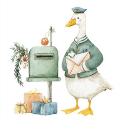 Cute watercolor duck mailman illustration made with Generative AI	
