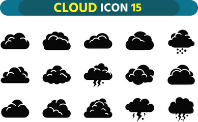 Collection of diverse black cloud icons representing weather elements and atmospheric conditions