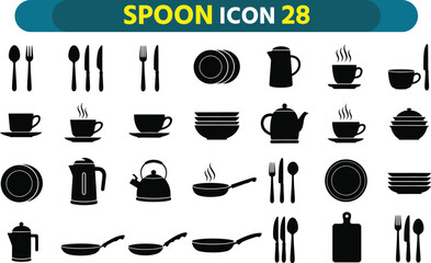 Collection of black silhouette icons representing kitchenware and dining utensils on white background