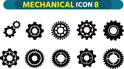 Collection of black silhouette mechanical gears and cogwheels for engineering and technology concepts