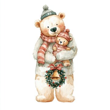 Cute watercolor bear with baby bear and presents illustration made with Generative AI