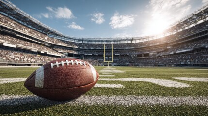Commercial high-resolution photo of american football on the field of a stadium during daytime.