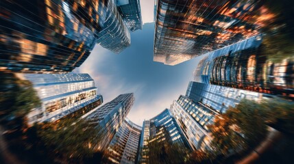 Cityscape view from the ground at dusk showcasing modern skyscrapers and reflective glass facades