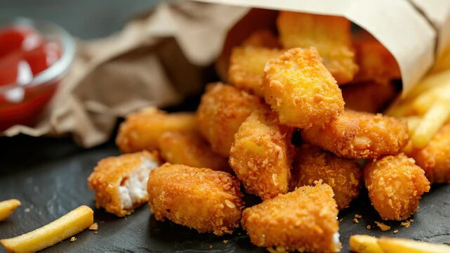 A bag of chicken nuggets sits on a table next to a bottle of ketchup