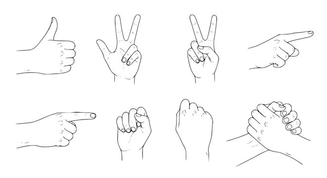 Vector of human hands in different gestures, minimal line art style, isolated on white background