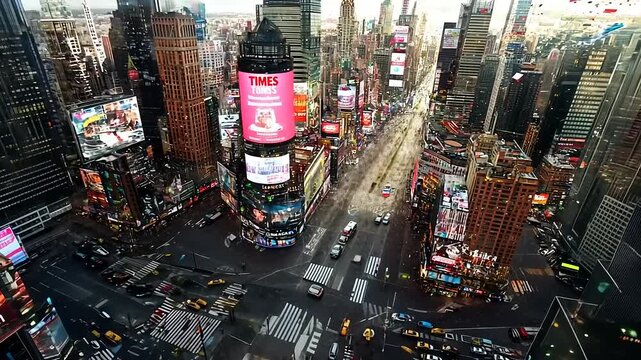 Iconic Times Square aerial view showcasing city lights and bustling activity