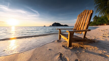 Sunset over tranquil beach with empty wooden chair near calm waves and distant island