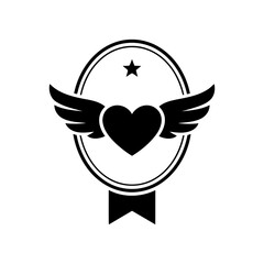 Vector art of heart with wings in a badge for love concept