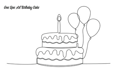 Continuous line birthday cake, One line cake with balloons, Minimalist celebration cake art, Continuous line party design, Simple cake and candle illustration