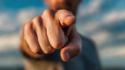 Hand pointing directly at the viewer in a dramatic outdoor setting during golden hour