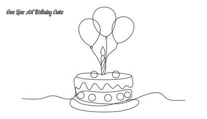 Continuous line birthday cake, One line cake with balloons, Minimalist celebration cake art, Continuous line party design, Simple cake and candle illustration