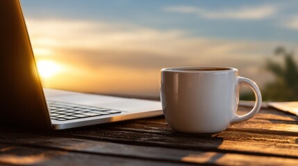 Enjoying morning coffee with laptop by the water at sunrise