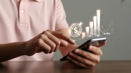 Analyzing financial data on the phone, a person using a mobile app to monitor stocks and investments, with a financial chart
