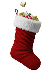 Red velvet Christmas stocking, white faux fur trim, overflowing with gold ribbon, silver lace, plush toy, isolated on transparent. Opulent Christmas joy