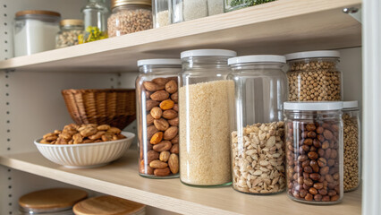 Glass jars pantry storage nuts grains legumes clean shelf organized kitchen minimal