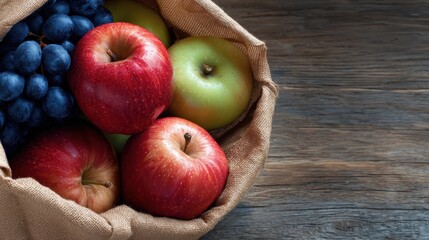 Fresh apples and grapes in a woven basket on a wooden surface ready for snacking or cooking