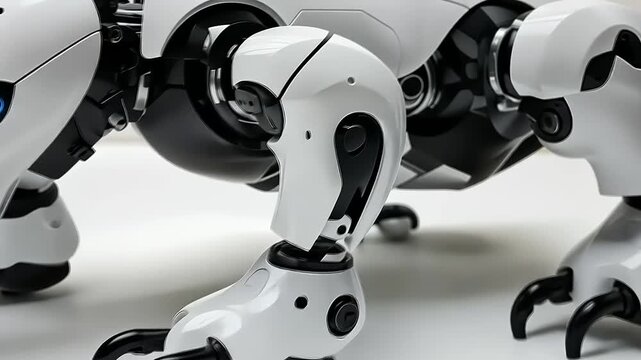 Futuristic robot dog design with metallic white and black parts in a studio environment