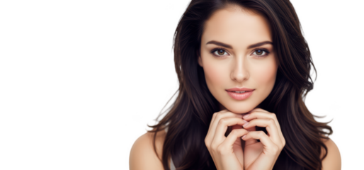 A close-up portrait of a woman with long, wavy dark hair and a soft smile, against transparent background