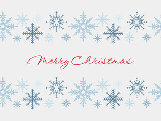 Hand drawn merry Christmas greeting card with blue snowflakes. Vector sketch illustration in vintage crayon style. Winter web design, print, party invitation