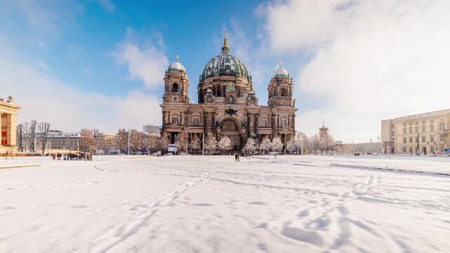 Winter Hyperlapse of Berliner Dom with Snow in Berlin, Germany