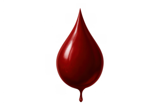 Red blood drop with small droplet pouring, representing health, medicine, donation, and human life, transparent background - Powered by Adobe