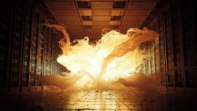 Destructive fiery explosion erupting inside a high tech data center hallway, causing catastrophic damage to servers and infrastructure in a powerful blast of smoke and flames