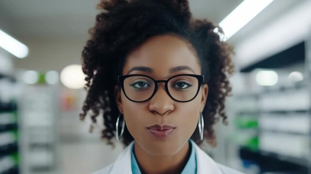 Young female scientist looking at camera in lab with glasses