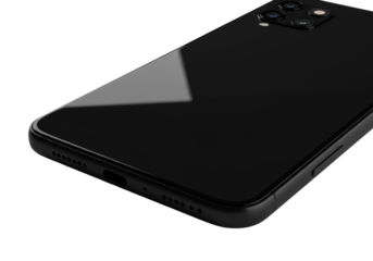 Black smartphone, refined curves, obsidian screen, metallic frame, velvety matte back, magnified camera lens, isolated on transparent, extreme macro low angle, chiaroscuro lighting, concept of