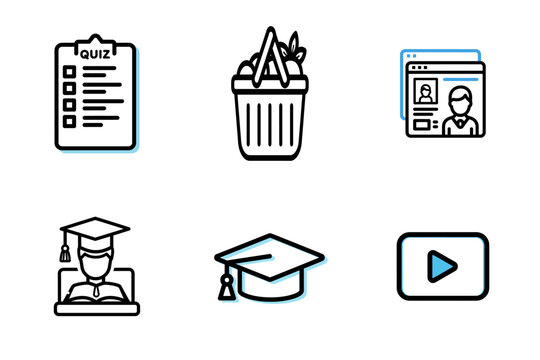 E-learning and Online Education Icons: Quiz, Video, Graduation, Student, and Digital Platforms