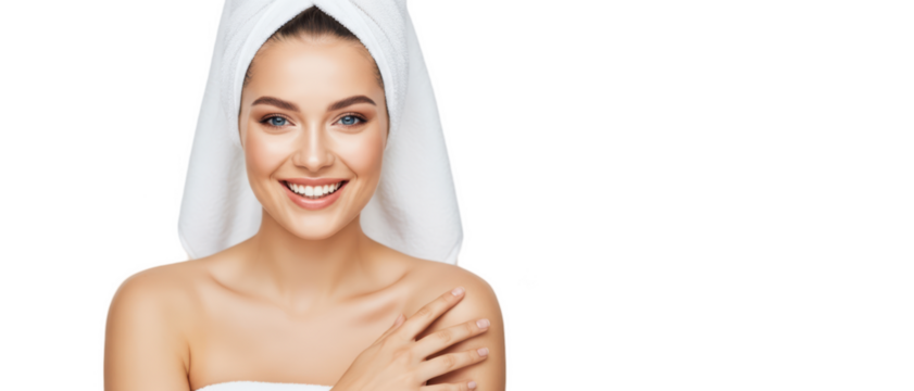 A woman with a towel wrapped around her head, smiling at the viewer, against transparent background