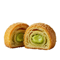 Fototapeta premium Gourmet artisanal pistachio swirl pastry, cut in half, vibrant green filling oozing, golden flaky crust, sugar glaze, steam, isolated on transparent background with soft shadow. Culinary perfection