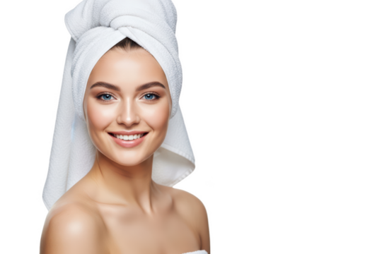 A woman with a towel wrapped around her head, smiling brightly, against transparent background