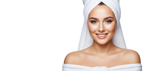 A woman with a towel wrapped around her head, smiling brightly, against transparent background