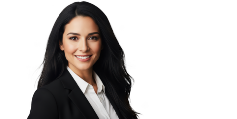 A professional portrait of a woman with long black hair, smiling confidently, against transparent background