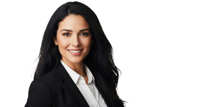 A professional portrait of a woman with long black hair, smiling confidently, against transparent background