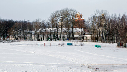 A view of ice-bound Lake Seliger and the Bogoroditsky Convent. Ostashkov, Tver Oblast, Russia