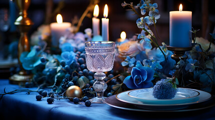 Festive evening table with blue candles and elegant floral arrangement. Luxury blue and gold table setting with candles and flowers for winter celebration
