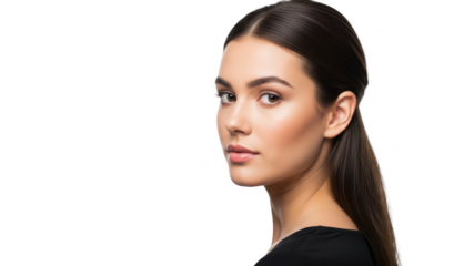A close-up portrait of a young woman with long dark hair and a neutral expression, against transparent background