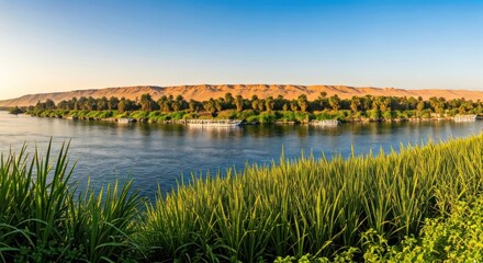 Wide view of a calm river flanked by lush green vegetation and a distant desert landscape