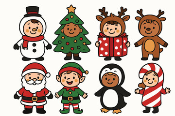 Cute cartoon christmas characters in festive costumes ready for the holidays