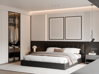 Modern Minimalist Luxury Black and White Bedroom Interior Frame Mockup - 3D Render
