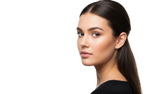 A close-up portrait of a young woman with long dark hair and a neutral expression, against transparent background