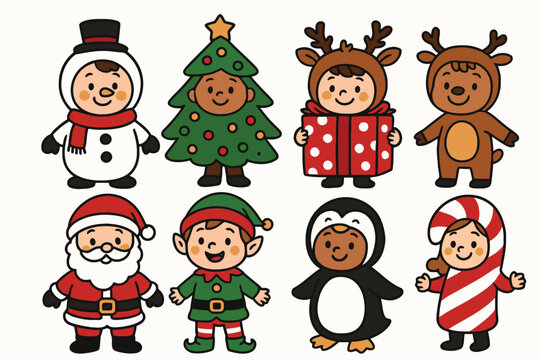 Cute cartoon christmas characters in festive costumes ready for the holidays