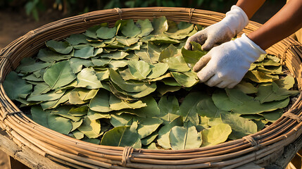 Person wearing gloves arranging green leaves in a woven basket. Focus is on leaves in basket with hands. Preparation of natural ingredients is shown in detail.