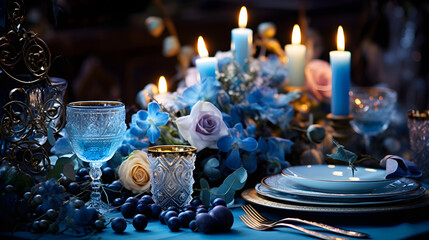 Romantic candlelit dinner table with blue floral decor and crystal glassware