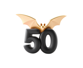 A striking 3D render of the number 50, adorned with a bat, perfect for a celebration or milestone. The golden bat perched atop the black number creates a dramatic effect.
