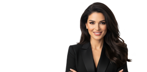 A professional woman with long wavy dark hair wearing a black suit, smiling confidently with her arms crossed, against transparent background